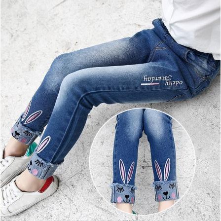 Baby Kids Girls Rabbit Embroidery Pants Ankle-Length Trousers Jeans Cuffed Jeans