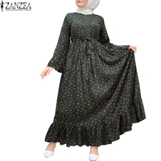 Image of ZANZEA Women Casual Long Sleeve Floral Printing Muslim Long Dress