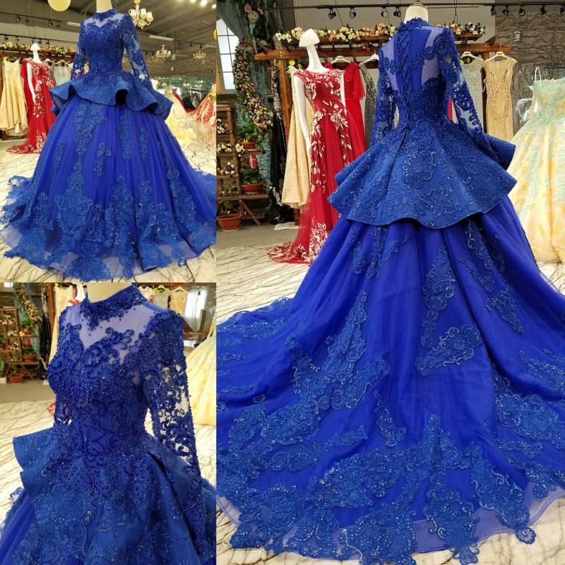 Beaunique Royal Blue Baju Pengantin Luxury Dream Premium Wedding Gown Lace Back Peplum Long Tail Empire Palace Theme