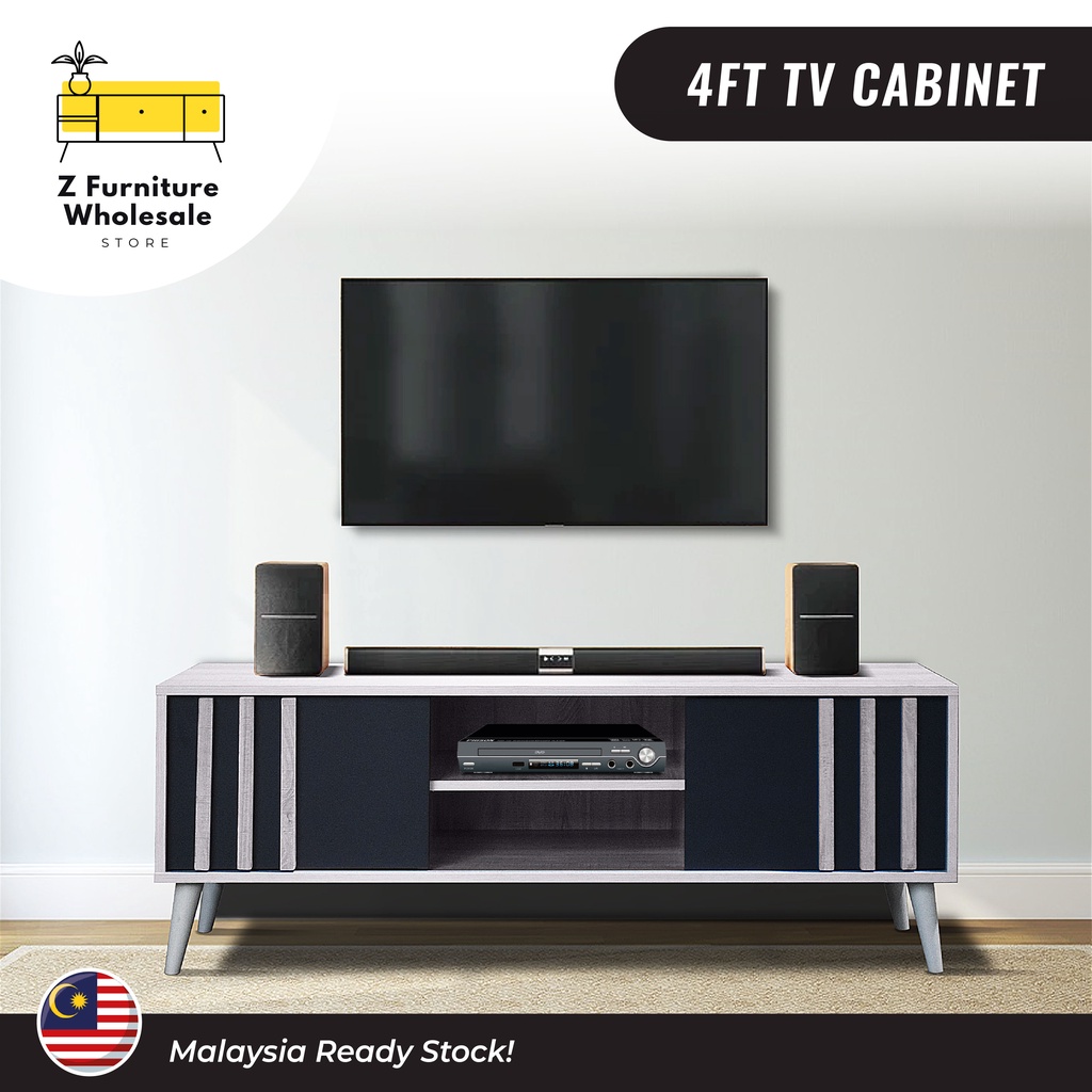 4FT TV Cabinet Vintage Style with Multiple Compartment - Walnut Grey or White Grey / Kabinet TV 4 kaki