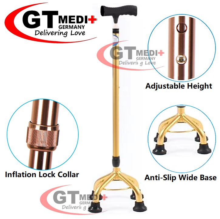 GT MEDIT GERMANY 10 Point Adjustable Height Quad Base Cane Walker Foldable Crutch Walking Aid Mobility Stick / Tongkat