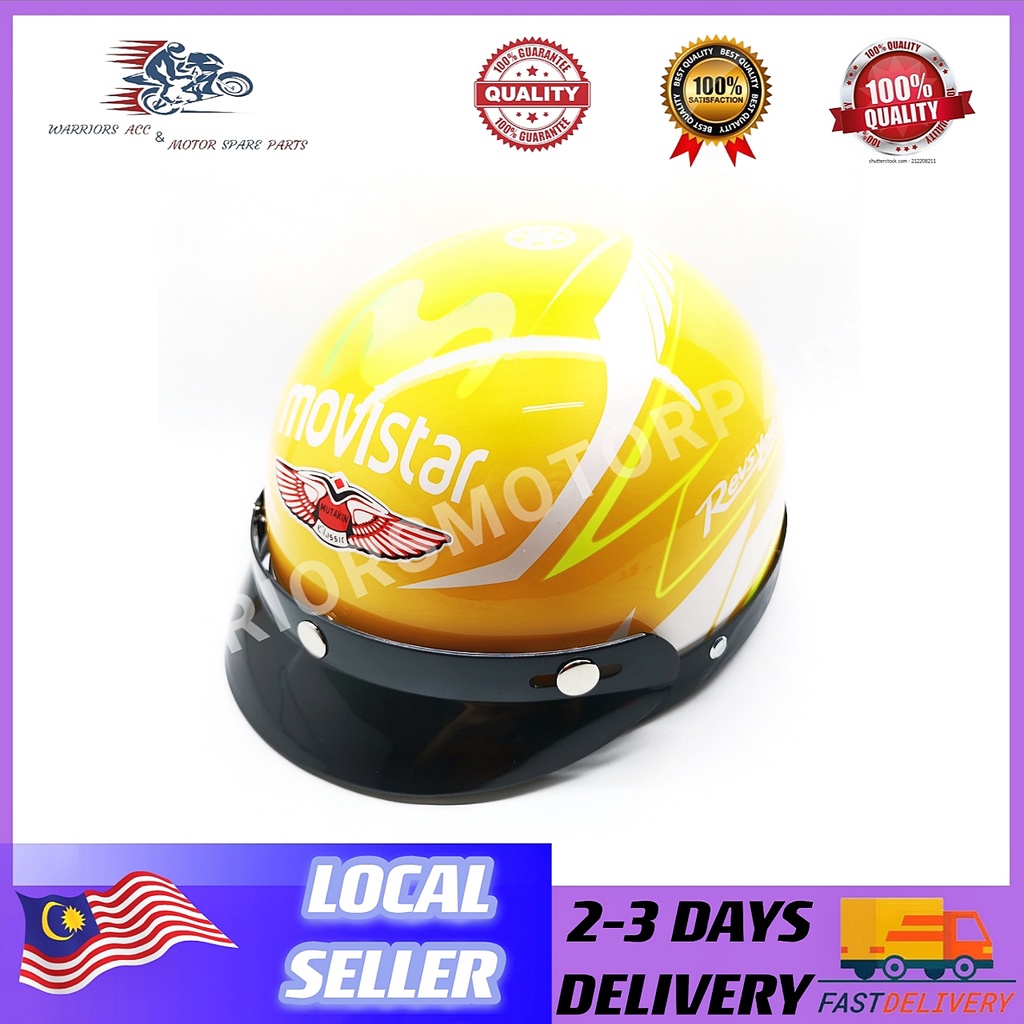 MOVISTAR MOTORCYCLE HALF CUT HELMET 3 BUTTON YELLOW COLOUR | Shopee