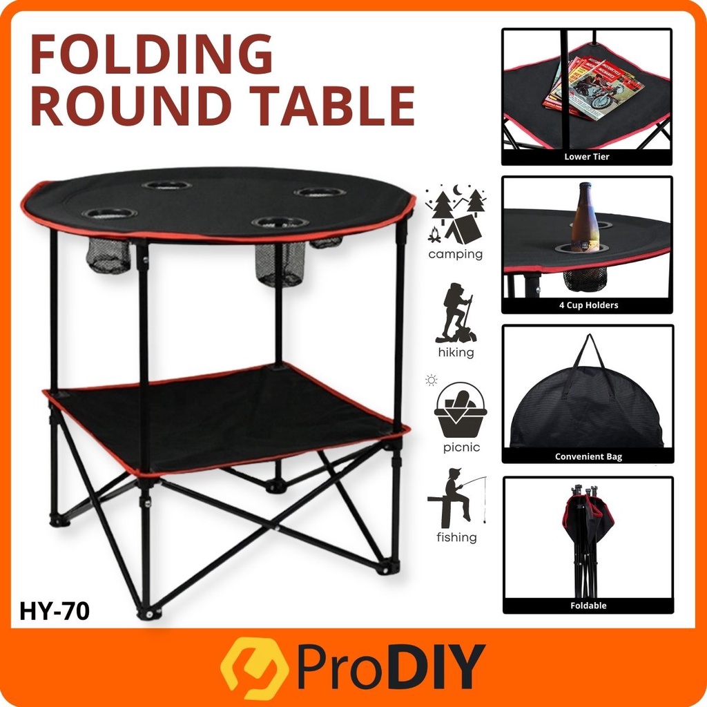 Portable Folding Round Table For Picnic BBQ Camping Hiking Outdoor Desk With Cup Holder Meja Lipat ( HY-70 )