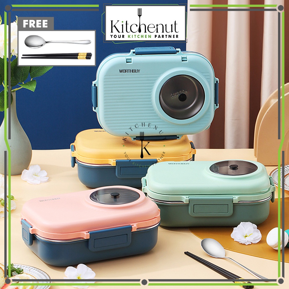 Kitchenut Eco-Friendly Double Layer Lunch Box Food Storage Food Container With Cutlery Bekas Makanan Bento Box