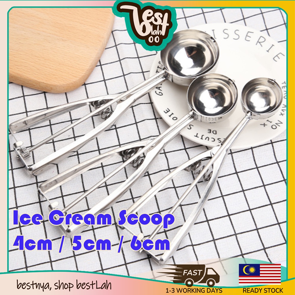 BESTLAHH 4/5/6cm Stainless Steel Ice Cream Scoop Trigger Spring Heavy Duty Durable Mash Scoop Skop Acuan Biskut aiskrim