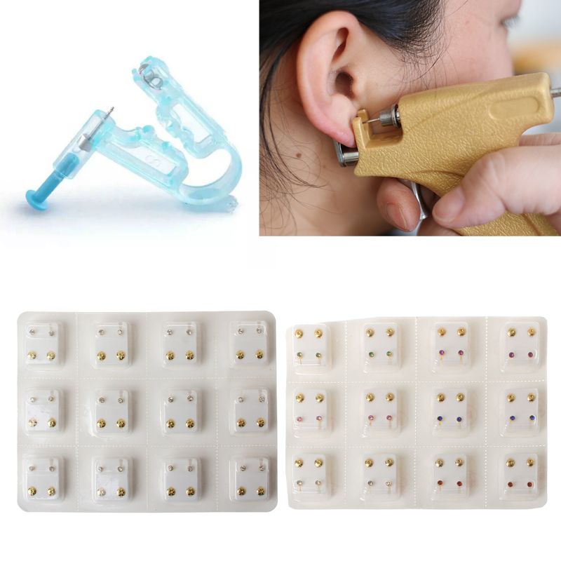 Subang Telinga 12 Pairs Ear Piercing Earrings Set Subang Gold No Pain Sterile Ear Piercing Earrings Set Gun Piercer Tool Kit Hypoallergenic Mini 3mm CZ Studs Jewelry Disposable