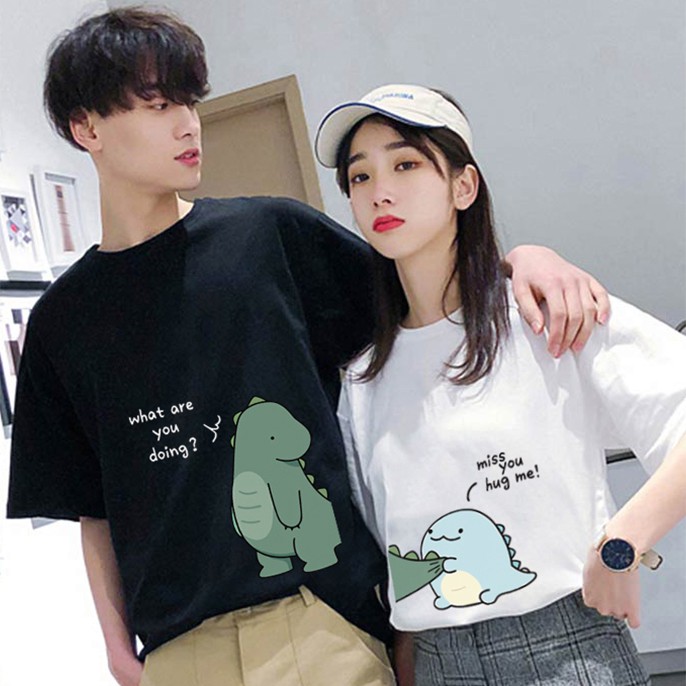 100% cotton Couple wear summer short-sleeved t-shirt men and women ins super fire niche design sense little dinosaur summer