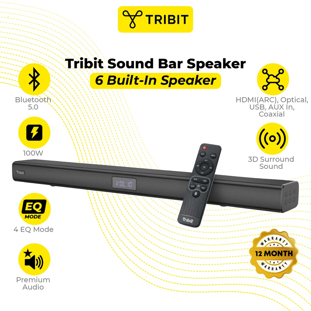 Tribit 100W 2.2Ch Sound Bar 6 Speakers Home Theater System with Bluetooth 5.0 (38”) TWS Pairing