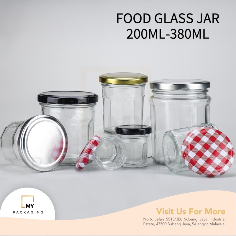OCTAGON GLASS JAR 200ML 380ML + BLACK / GOLD / SILVER / RED ALUMINIUM