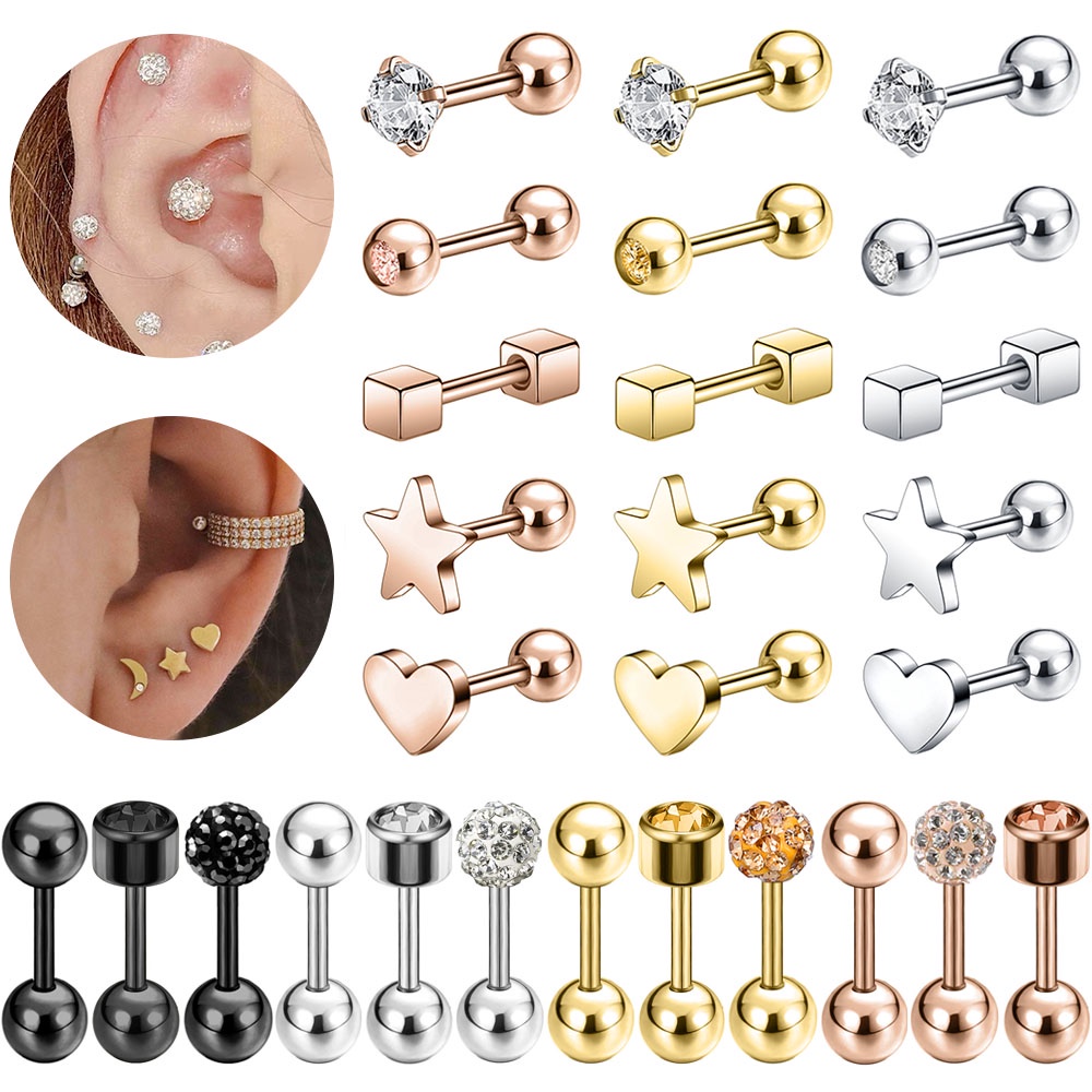 1 PC Stainless Steel Heart Star Studs Earring Shiny Ball Cartilage Earrings Crystal Helix Conch Tragus Cochlear Piercing