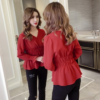 Fashion Blouse  Murah  Baju  Putih Korean Women Shirt  V Neck 