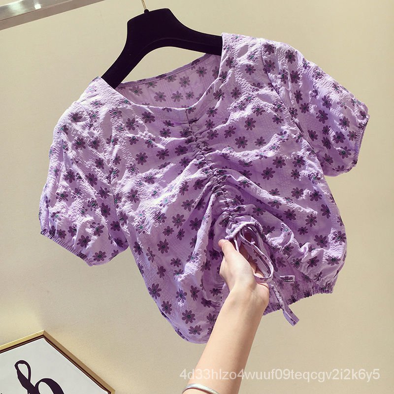 Chrysanthemum Berkedut Kecil Baju Lengan Pendek Wanita2020summer Korean Versi Baju Drawstring Bunga Wanita Fesyen Pendek Shopee Malaysia