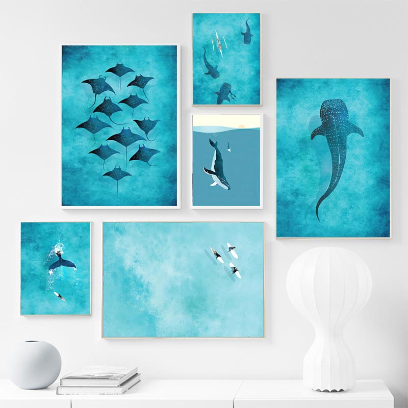 Blue Marine Poster Canvas Painting Whale Shark Manta Rays Surf Sea Wall Art Picture For Living Room Interior Painting Decor