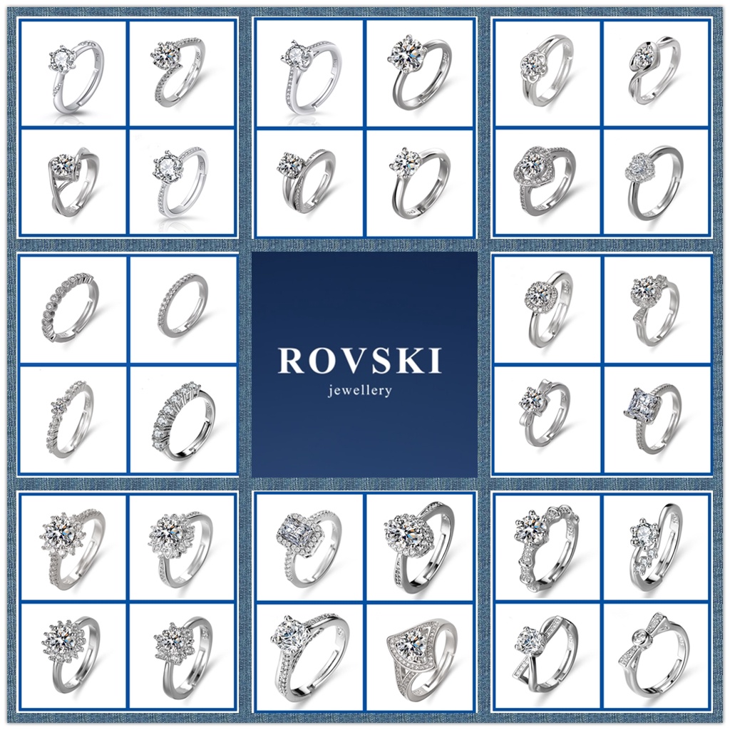 ROVSKI Jewelry 50 Designs Cincin Silver 925 Original Cincin Perak Perempuan Women Adjustable Ring Shine Diamond Rings