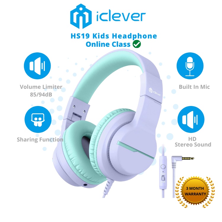 iClever HS19 Kids Headphones With Microphone, HD Stereo And 85/94dB Volume Limiter for online class, tablet, phone