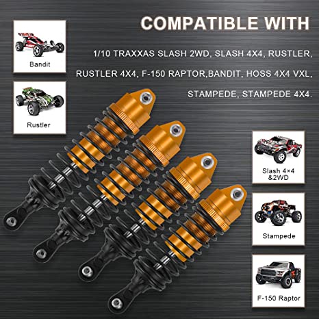 ARRCat RC Shock Absorber for 1/10 Traxxas Slash 4x4 2WD Stampede Rustler Rally Hoss,4PCS Full Metal Upgrades Parts,Aluminum Front & Rear RC Shock Damper,Replace #5862,Gray 