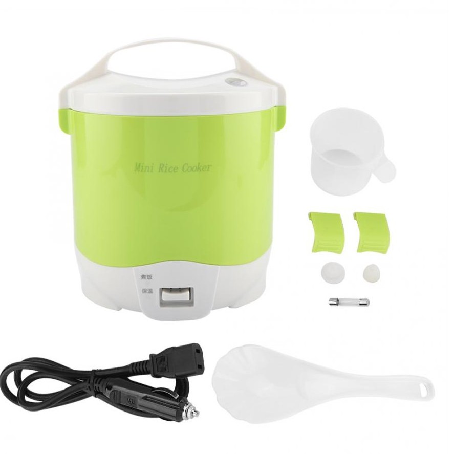 Green color High quality 1.6L car mini electric rice cooker Stainless steel inner pot DC 12v 24 v portable for travel