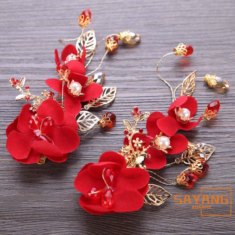 Red Flower Crystal Bridal Woman Hair Accessories Bridal Hair Clip