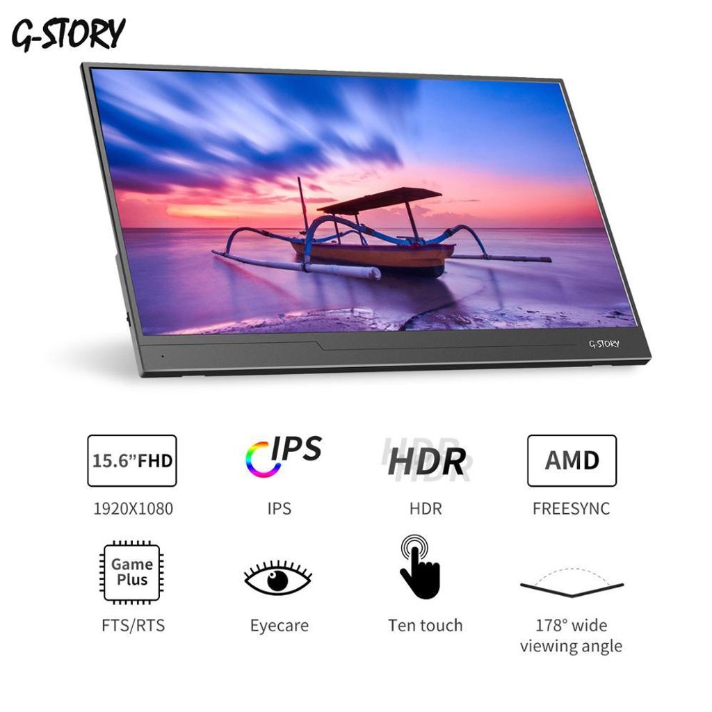 FHD 1080P IPS Portable Monitor G-STORY 15.6 Inch Ultrathin Monitor NS Direct-Connected/Mini HDMI/Built-in Speakers/HDR/FreeSync/Type-C/60Hz/220cd/m2 