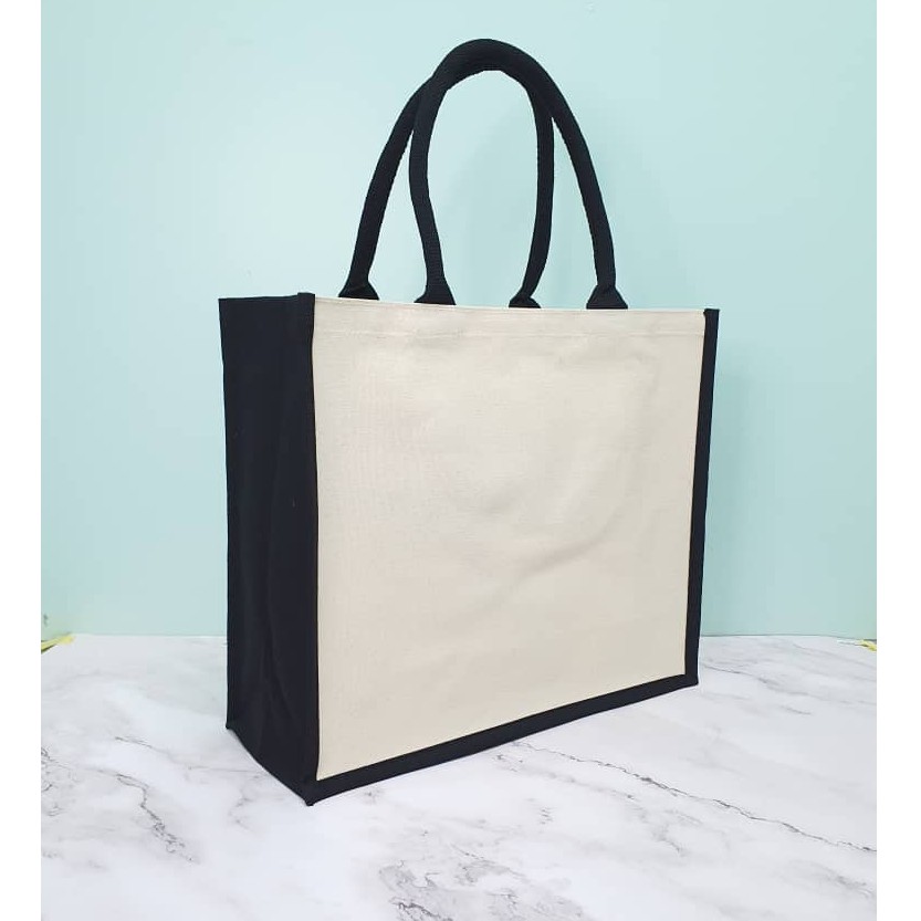 Jucy Laminated Big Canvas Bag Plain Tote Bag Black Gusset | Shopee Malaysia