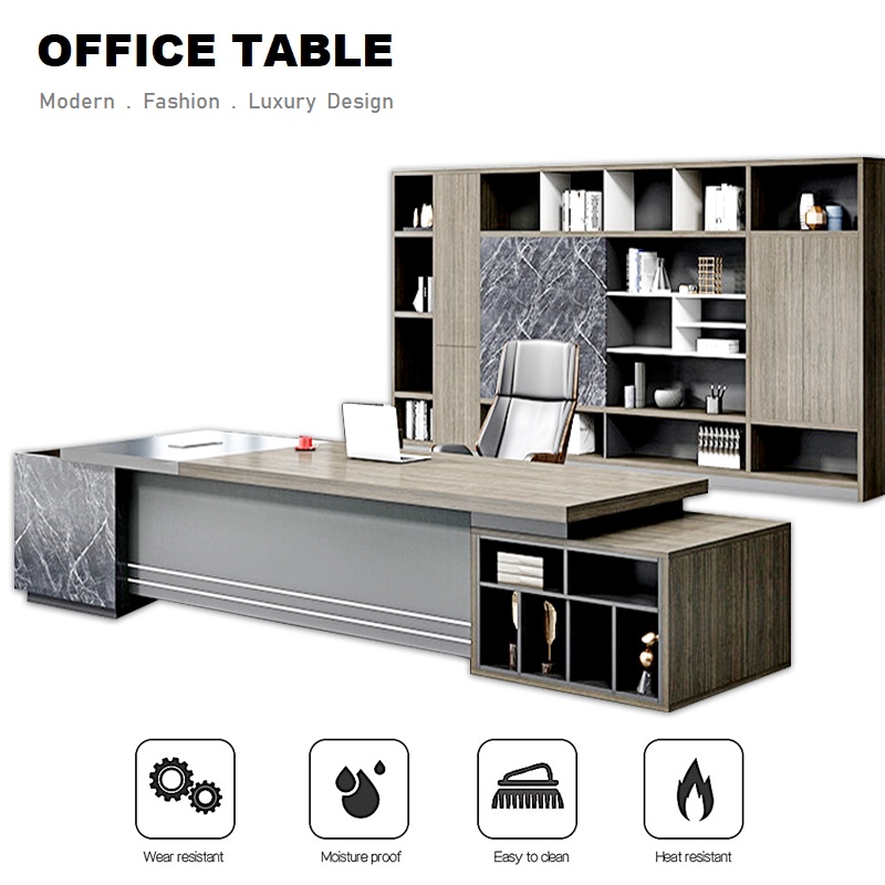 Modern Wooden L Shape Boss Director Computer Desk Table Home Office Table with Drawer Cabinet Book Shelf / Meja Komputer