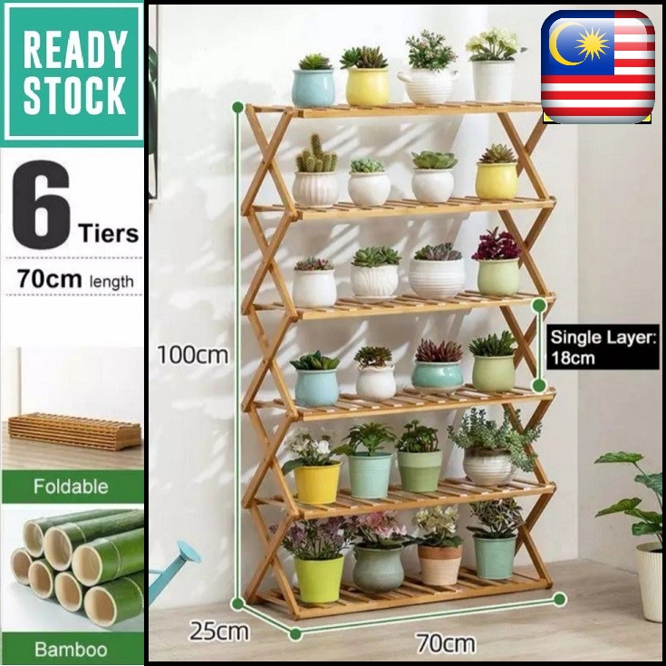 Local Stock Wood 6 Tiers Foldable Bamboo Plant Stand Plant Book Garden Flower Rack Furniture Bunga Perabut Storage