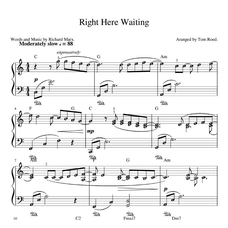 Piano Sheet RIGHT HERE WAITING (Richard Marx) | Piano Solo with note