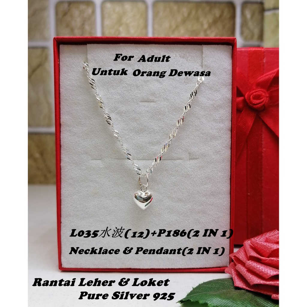 Genuine SILVER 925 Necklace & Heart-shaped Pendant (2 IN 1) (Rantai Leher Untuk Orang Dewasa 2 In 1)