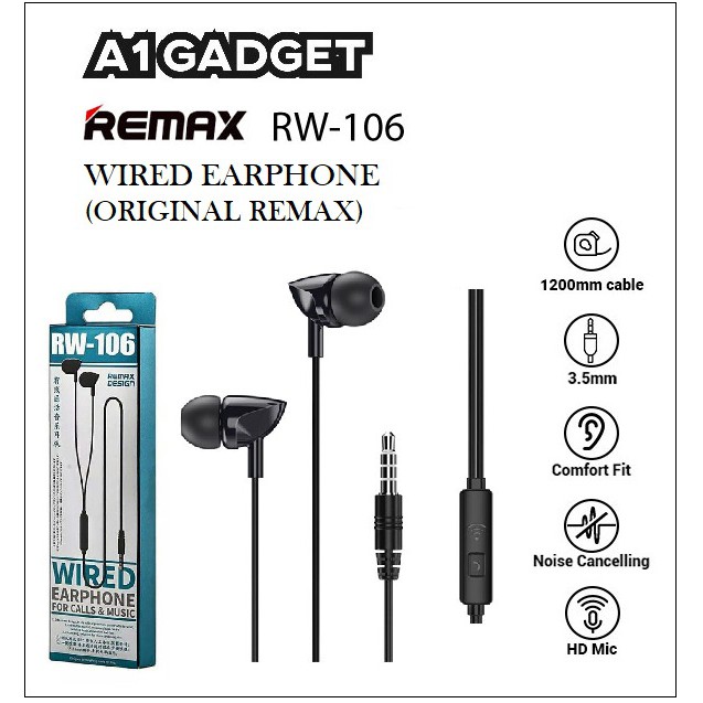 Remax RW-106 Wired Earphone For Calls & Music (Original Remax ...