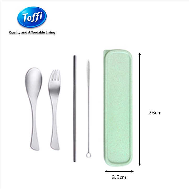 Toffi Travel Set Cutlery Spoon + Fork + Straw + Brush + Box Stainless