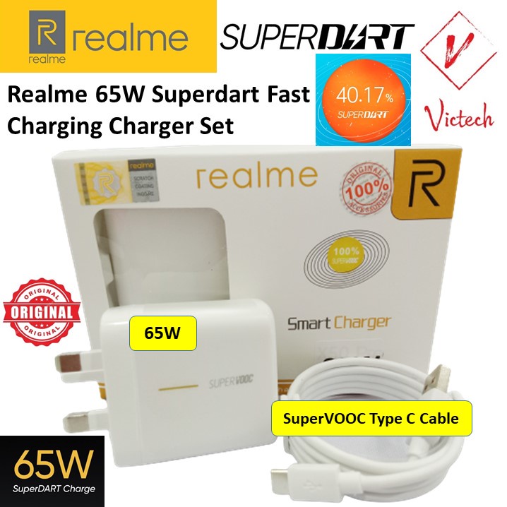 Realme 65W Superdart VOOC 5G Fast Charger UK Plug with Free Super VOOC Type C Fast Data Cable (Original)