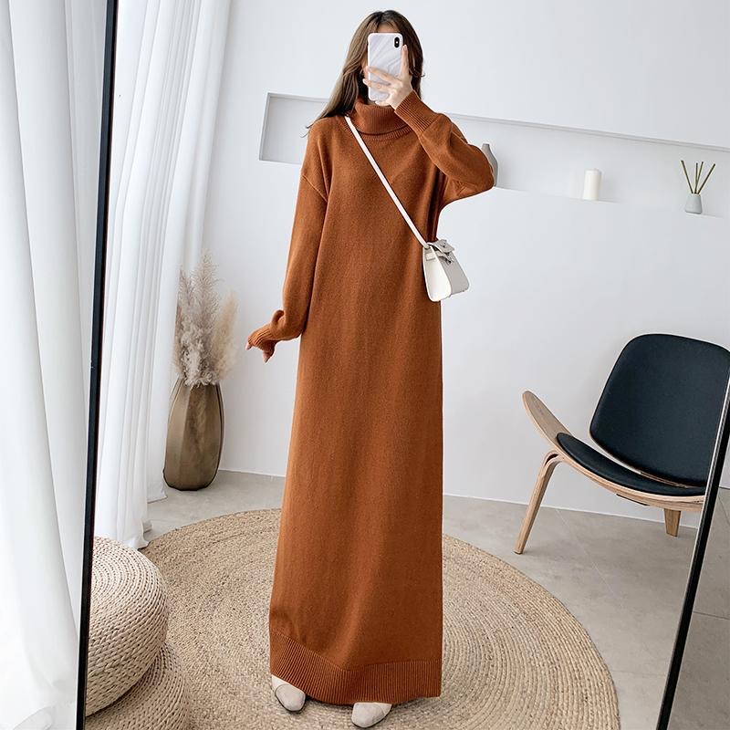 【stock】 Winter Turtleneck Knitted Long Dresses Women Warm Casual Loose Straight Knitwear Dress Elegant Chic Basic New Sweater Dress