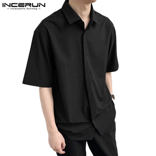 INCERUN Men's Fashion Plain Short Sleeve Buttons Loose Casual Shirts