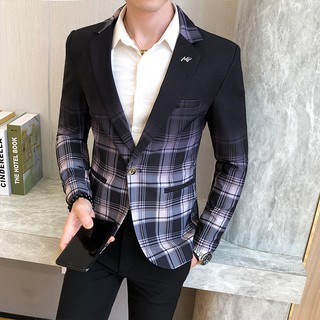 2020 New Casual Gradual change lattice Men's Blazers and Suit Jackets Banquet Blazer Men Slim Fit Red Grey