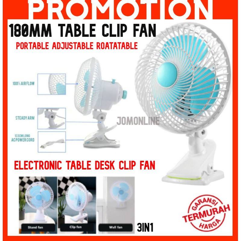 ~SHIP FROM KL~ 3in1 Clip Fan180MM 20W Strong Wind POWERFUL PORTABLE FAN ADJUSTABLE TABLE FAN CLIP FAN & 3 FAN BLADES