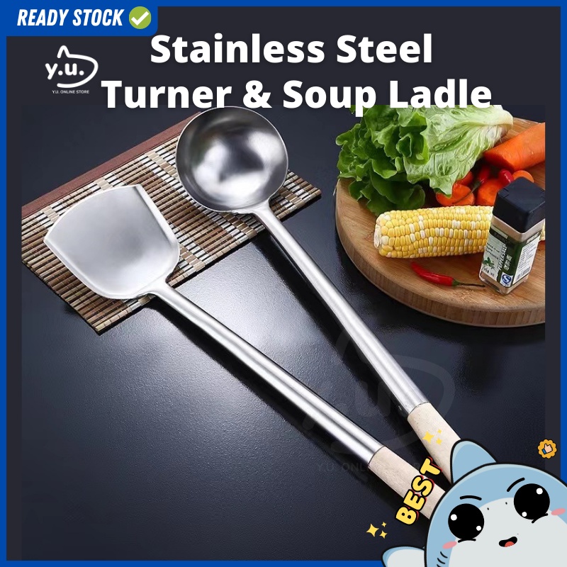 Yu Ready Stock Stainless Steel Soup Ladle With Wood Handle / Turner With Wood Handle / Spatulas / Senduk / Sudih / Sodek