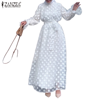 Image of ZANZEA Women Polka Dot Sheer Mesh Casual Lace-up Muslim Long Dress