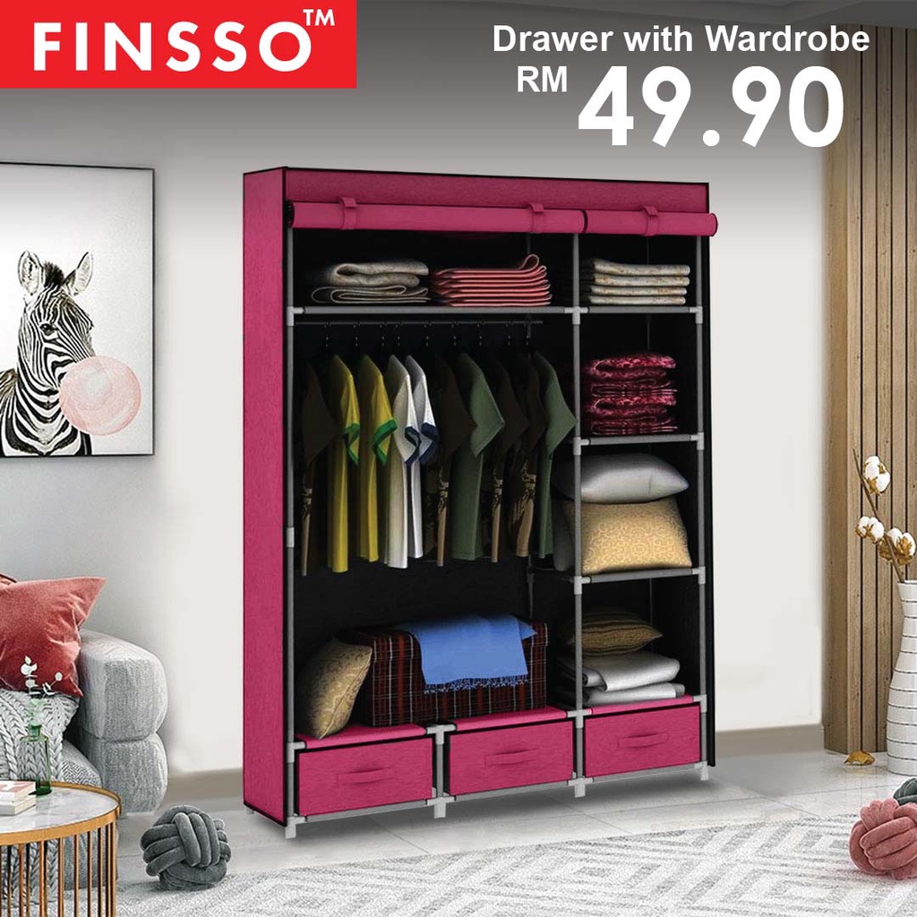 READY STOCK FINSSO: Wardrobe Almari Baju Rak Baju Clothes Organization Storage Rack Cabinet