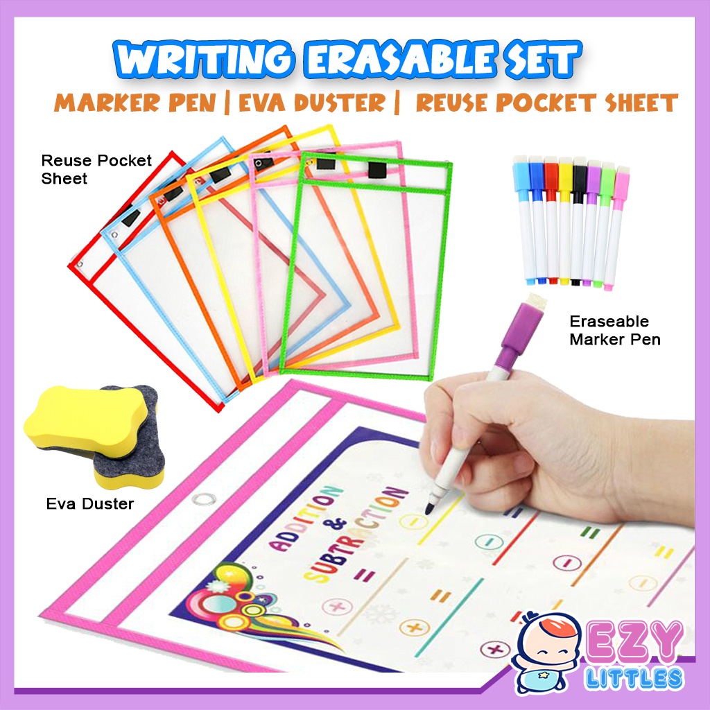 EZYLITTLES Whiteboard Marker Erasable Pen Reusable Dry Erase Pockets