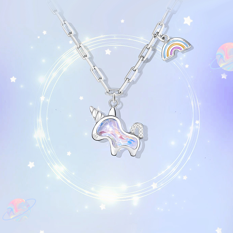 S925 Silver Korean rainbow Aurora Unicorn Necklace Female Birthday Gift Women Chain