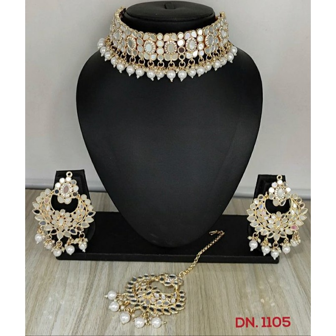 Gold Plated Beads Mirror Choker Necklace Set