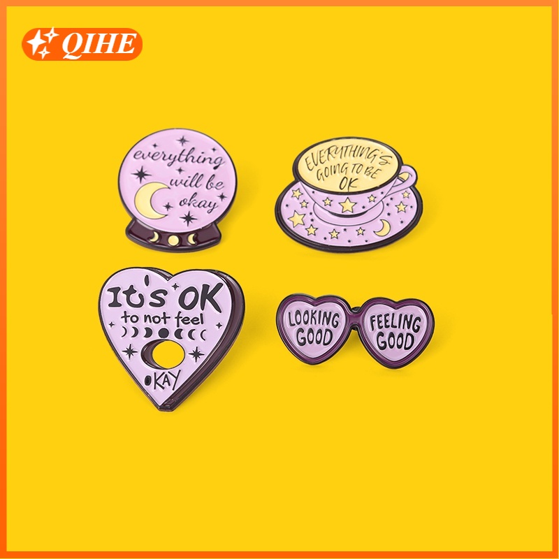 Everything Will Be OK Enamel Pins Sunglass Coffee Crystal Ball Brooch Lapel Badge Bag Jewelry Gift Kids Friends