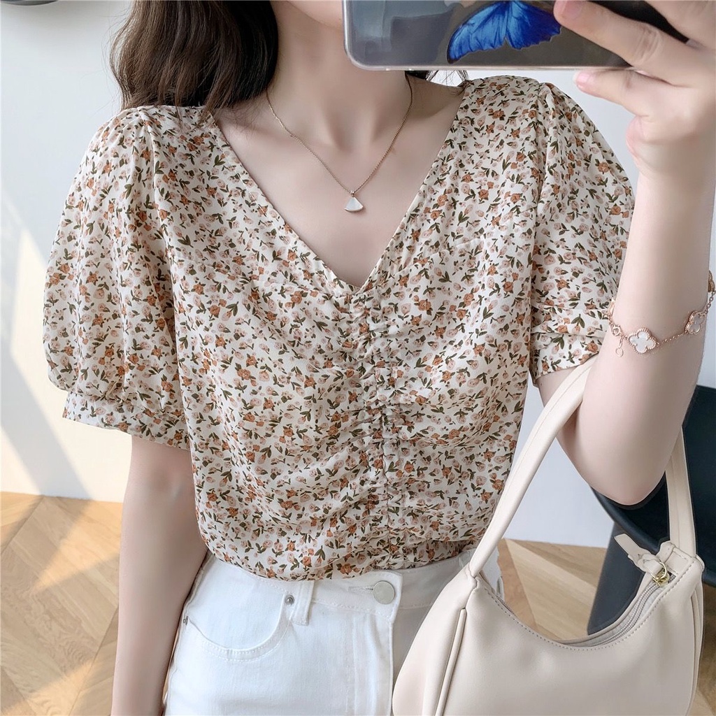 Summer 2021 women's floral chiffon shirt v-neck short sleeve drawstring top