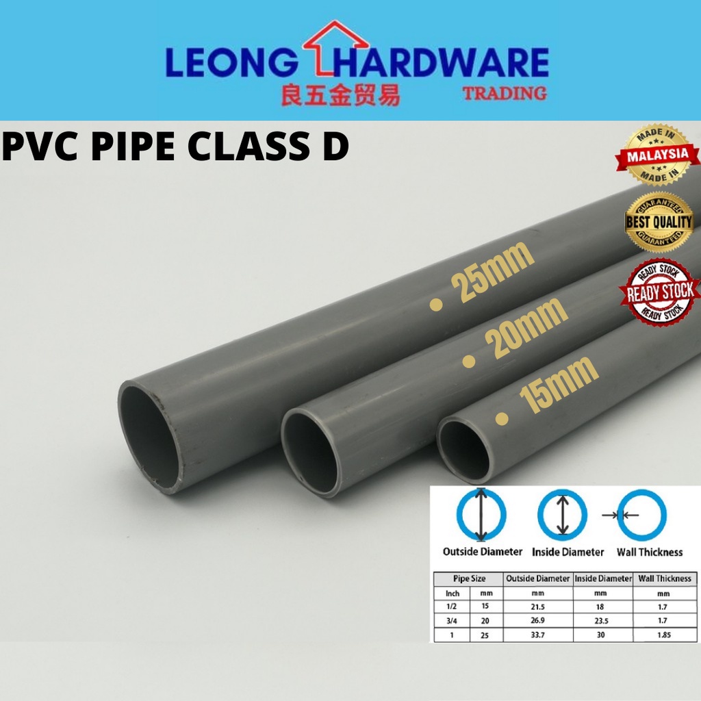 PVC PIPE CLASS D 3 FT ( 3 KAKI ) x 1/2''(15mm),3/4''(20mm),1''(25mm