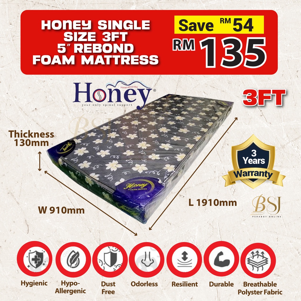 BSJ【𝐇𝐎𝐍𝐄𝐘 𝟑𝐅𝐓 𝐒𝐢𝐧𝐠𝐥𝐞 𝐒𝐢𝐳𝐞 𝟓" 𝐌𝐚𝐭𝐭𝐫𝐞𝐬𝐬】HONEY Single Size 3FT 5" Rebond ...