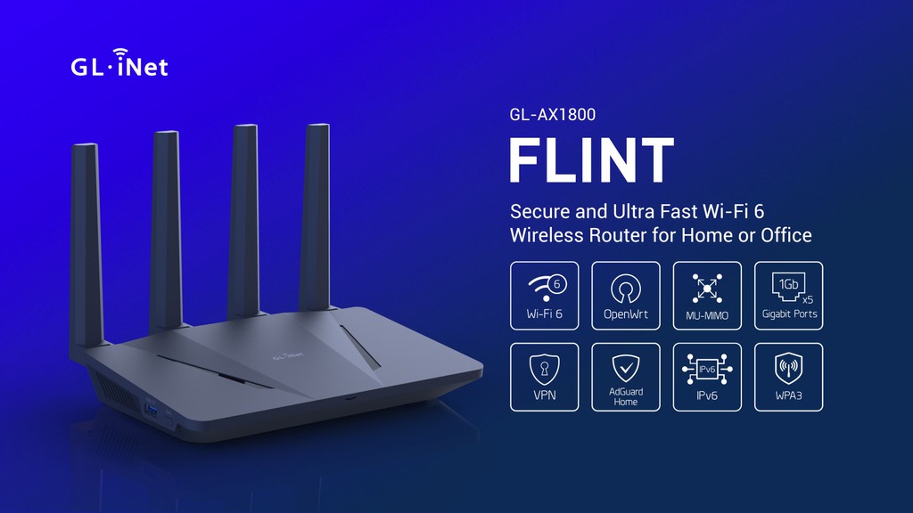 GL.iNet GL-AX1800 WPA3 Security Flint MU-MIMO WiFi 6 Router Amazing OpenVpn&Wireguard Speed Up to 120 Devices 5 x 1G Ethernet Ports 802.11ax Dual Band Gigabit Wireless Internet Router 