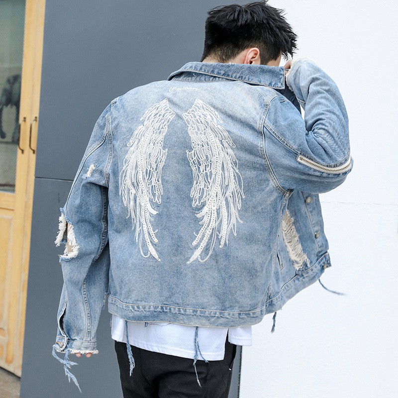 blue ripped jean jacket