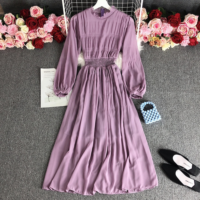 2022Spring Korean Party Dress Women's Retro Plain Stand Collar Lantern Sleeve Slim Pleated A