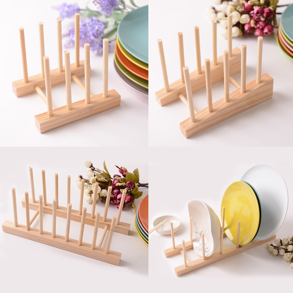 Bookshelf Dish Rack Pots Wooden Plate Stand Kitchen Cups Display