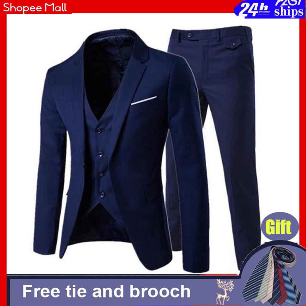 READY STOCK? Men  3-Pieces Set Custom dress Slim Fit Suit Set Formal  Wedding Men's Suits Casual Formal Business Blazer  Tuxedo